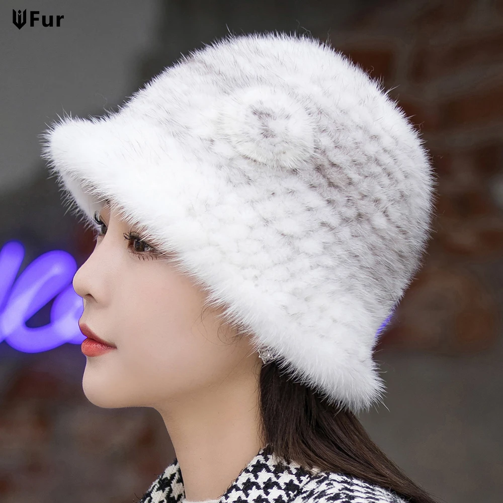 Woman Hat Winter Solid Mink Caps With Flower Natural Mink Fur Hats New Russian Girl Soft Knitting Real Fur Bucket Hats 2024 Warm