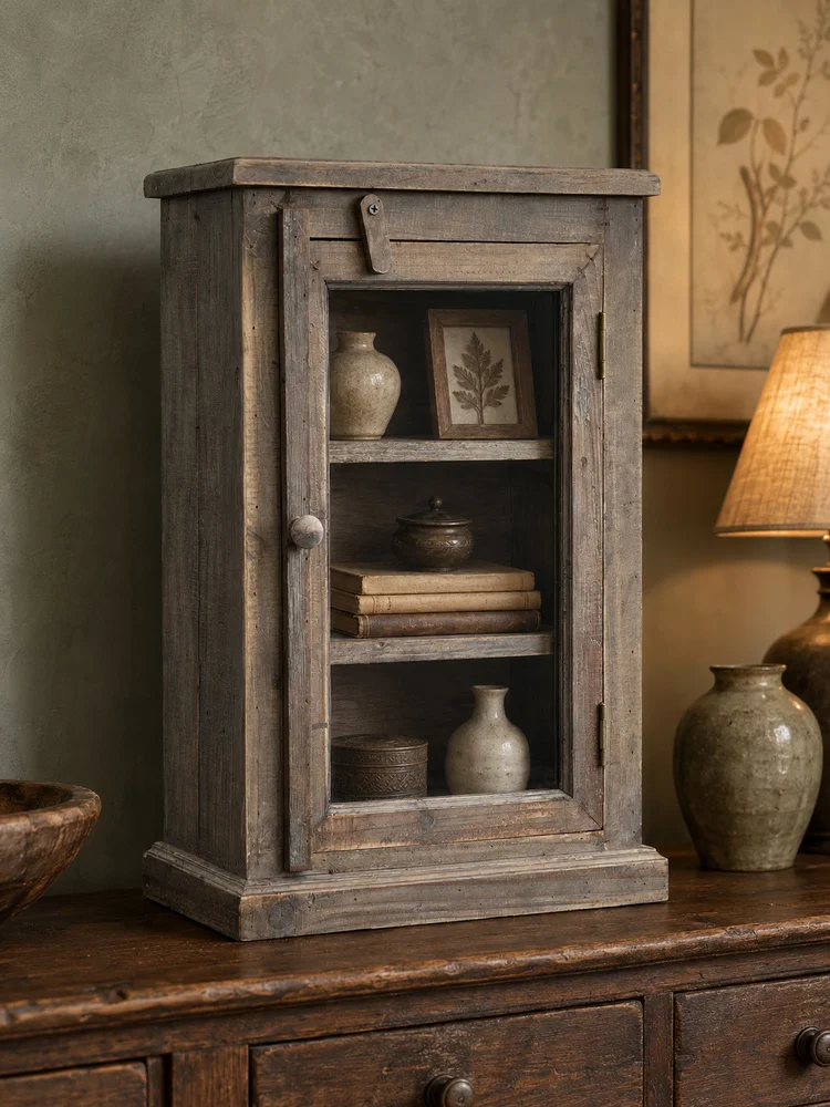 Handmade Rustic Fir Wood Wall Cabinet with Glass Door, 2 Shelves, Vintage Tabletop Storage Display Cupboard, 58cm