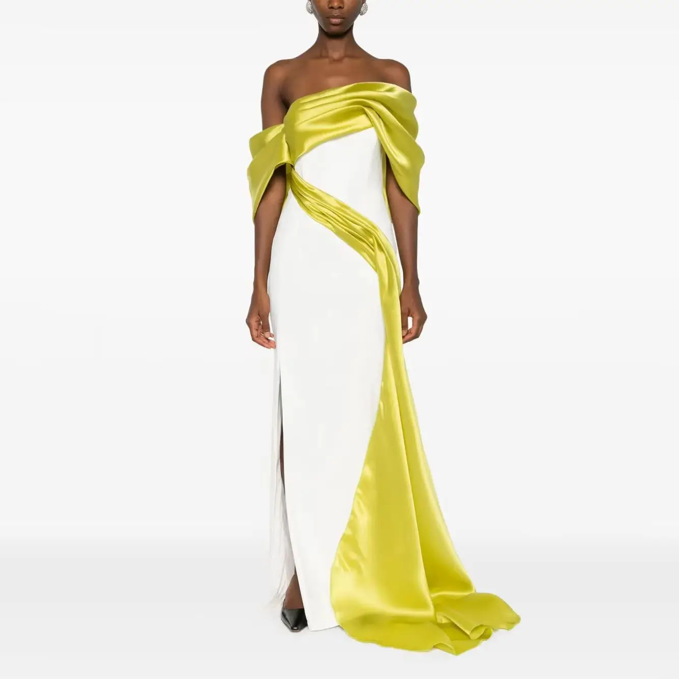 

Gold White 2 Tone Prom Dress Ruched New Fashion Off Shoulder Long Evening Gowns Pleated Overlay Dropped Sleeves Party Dress