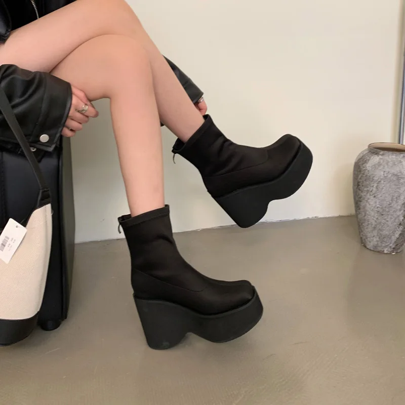 

Black Boots Women Wedges Shoes Fall Round Toe Cosplay Ankle Boots Women 2024 Platform Heel Shoe 11cm High Heels Bottines