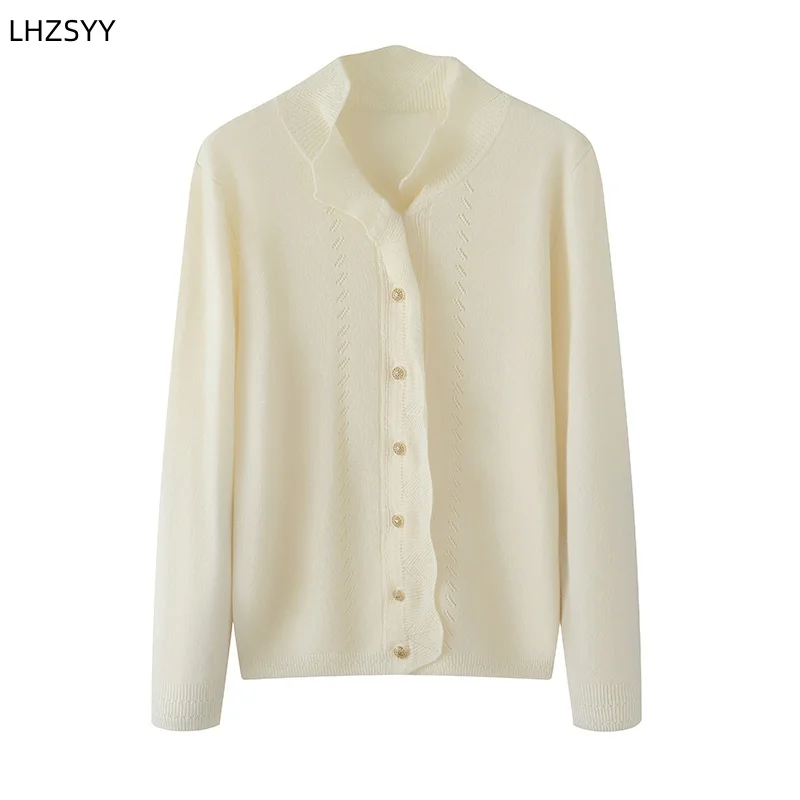 LHZSYY New Pure Cashmere Cardigan Ladies V-neck Knit Jacket Spring Autumn Loose Jacquard Bottoming Shirt Soft Wild Coat Sweater