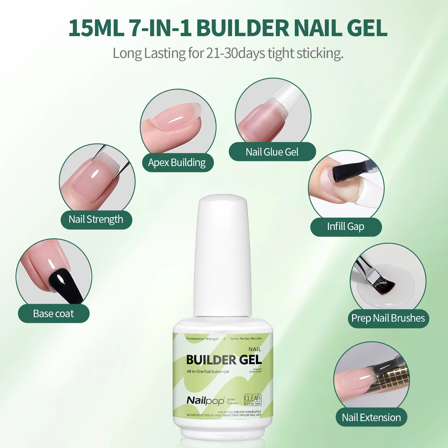 Nailpop 7-in-1-Builder-Gel, mehrfarbig, klar, weiß, rosa, nackt, 15 ml, Nagel-Apex und Verlängerungsstärkungs-UV-Gel für den Heimsalon