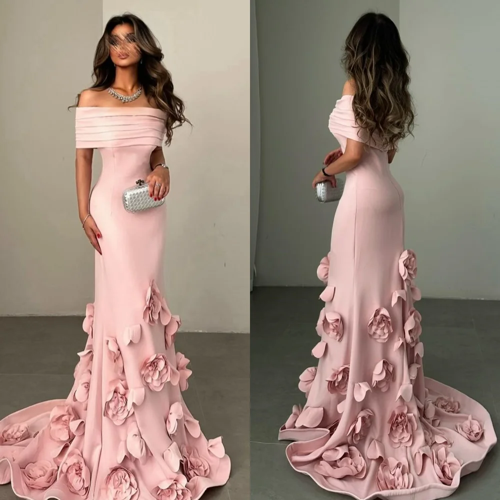 Customized Intricate Jersey Handmade Flower Pleat Mermaid Off-the-shoulder Long Dresses Bespoke Occasion Dresses Exquisite