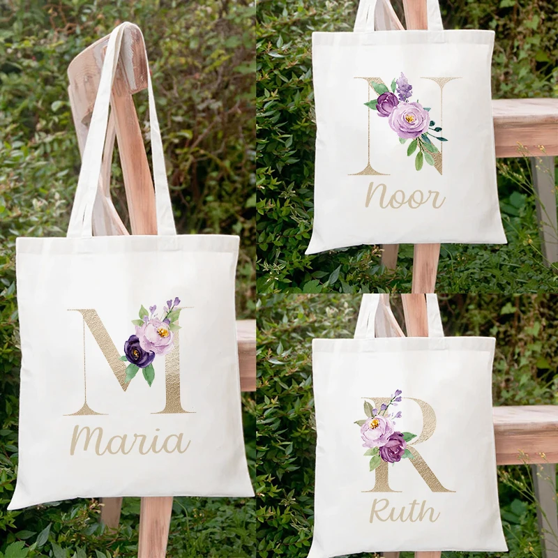 

Custom Name Floral Alphabet Print Tote Bag Personalize Canvas Portable Large Capacity Handbags The Christmas Birthday Best Gifts