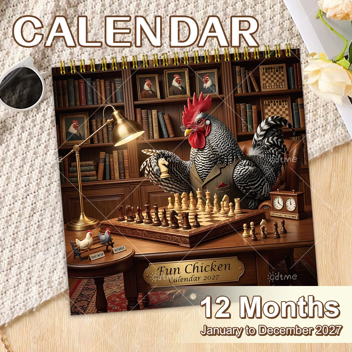 Fun Chicken 2027 Wall Calendar, Funny Rooster Playing Chess in Library,Spiral Bound Monthly Whimsical Animal Home Decor Calendar