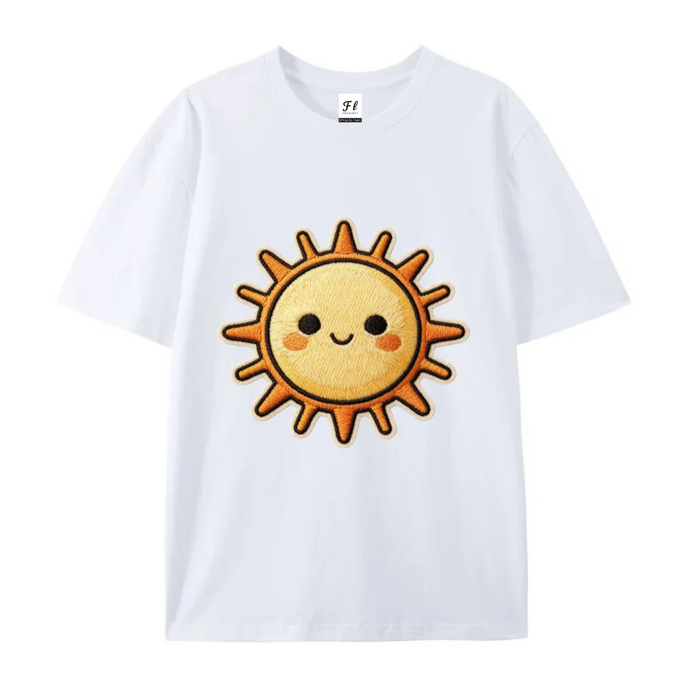 Cute Smiling Sun Faux Embroidery Graphic T‑Shirt Kawaii Happy Sun Print Crew Neck Cotton Casual Fashion Funny Trendy Tee Gift