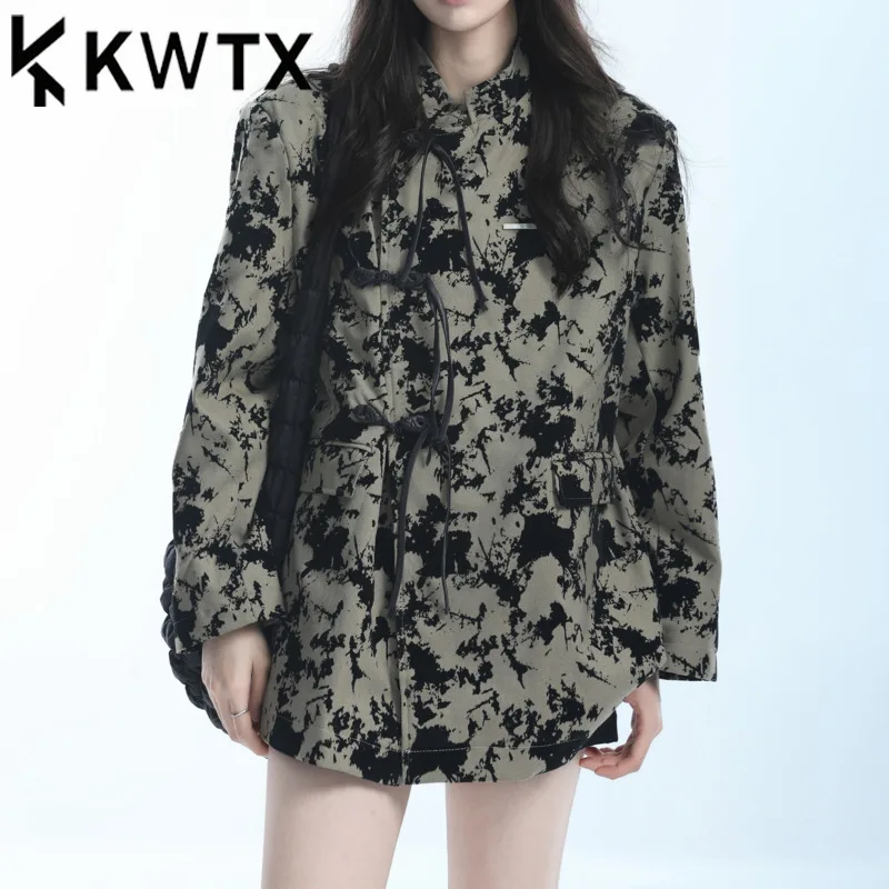 

KWTX Women's Casual Color Block Print Blazer Streetwear Chic Jacket Frog Button High Quality Spring Summer 2025 Fashion