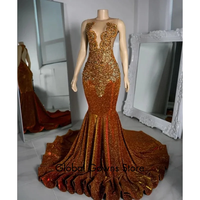 Sparkling Deep Orange Prom Dress Exquisite Diamante Beaded Applique Black Girls Celebrity Evening vestidos de noite Customised