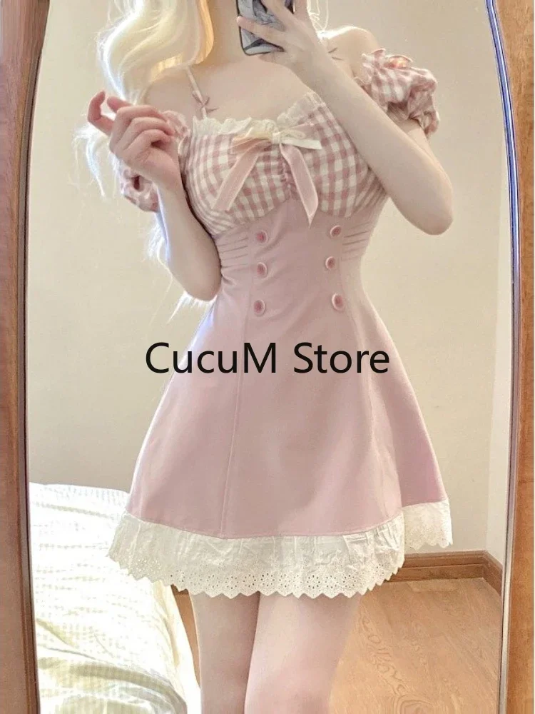 2024 Sweet Pink Plaid Bow Princess Dress Women Sexy Slash Neck Lace Ruffle Party Mini Dresses Japanese Style Slim Lolita Dress