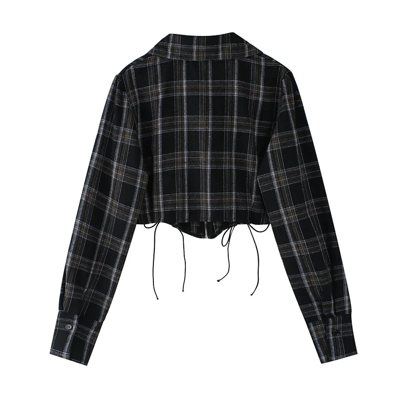 Awen Short Zipper Plaid Shirt for Women Fashion Corset Lacing Long Sleeves Tumdown Collar Korean Lattice Blouse Streetwear Top