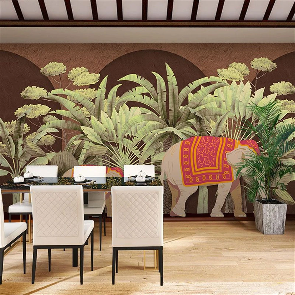 custom Southeast Asian tropical rainforest plant wallpaper restaurant mural banana leaf Thai elephant Thai elephant wall paper