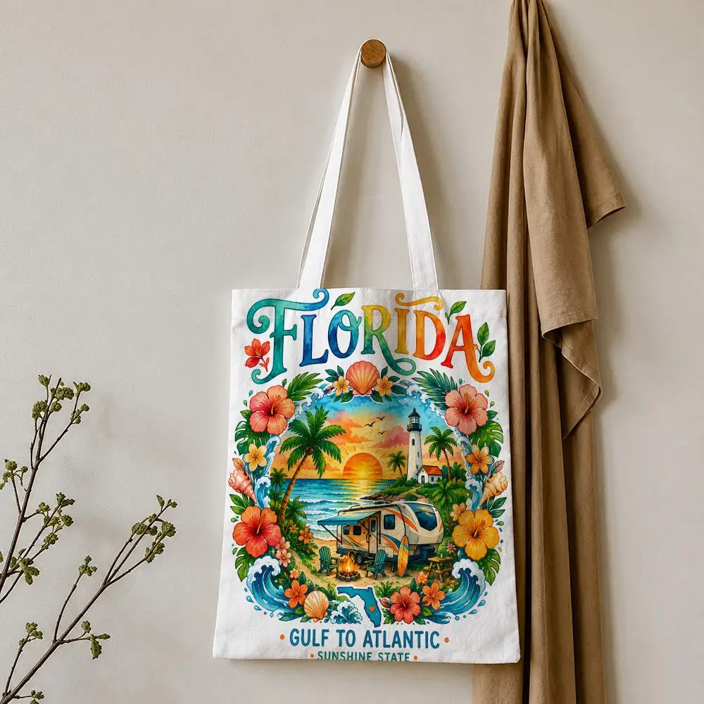 Florida Sunshine State Road Trip Storage Bags Tote Bag Reusable Shoulder Shopping Foldable For School Work Travel Daily Use
