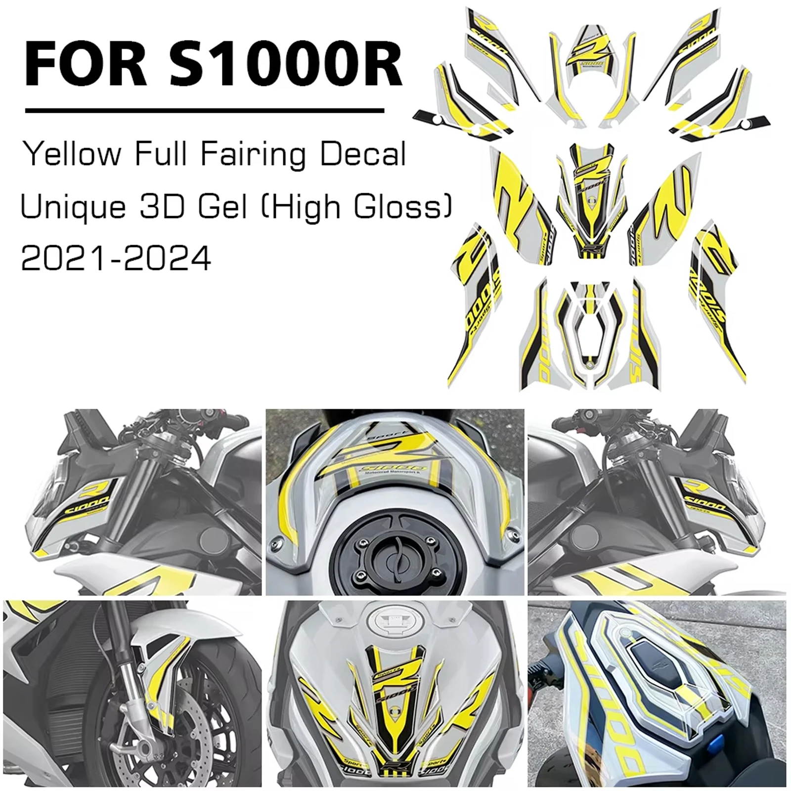 3D Gel Motorcycle Full Fairing Accessories Shell Decal Paint Protector Pillion Seat Sticker Set For BMW S1000R 2021-2024