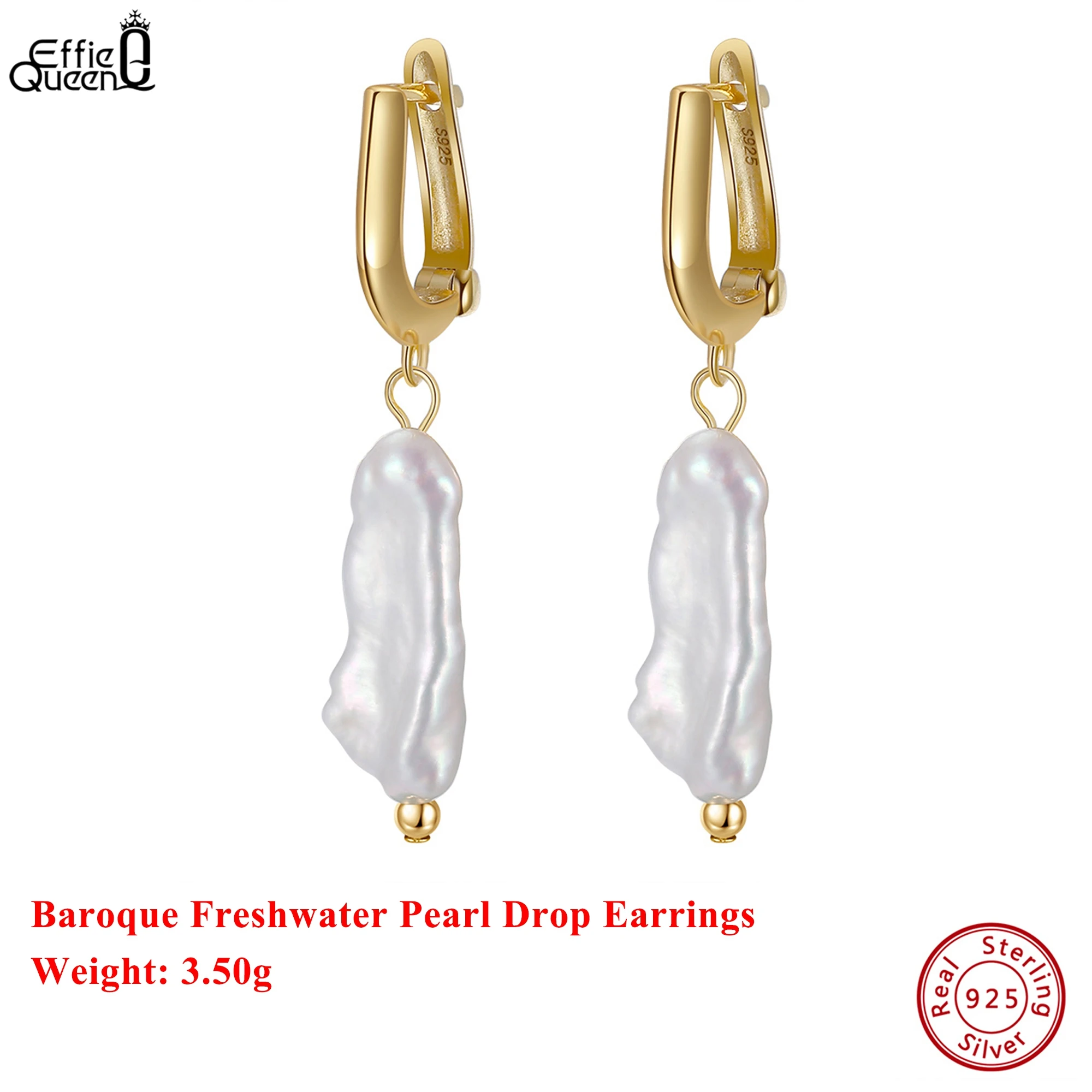 

Effie Queen 925 Solid Sterling Silver 14k Gold Baroque Drop Earrings Natural Jewelry for Women Banquet Gift Ear Accessory GPE10