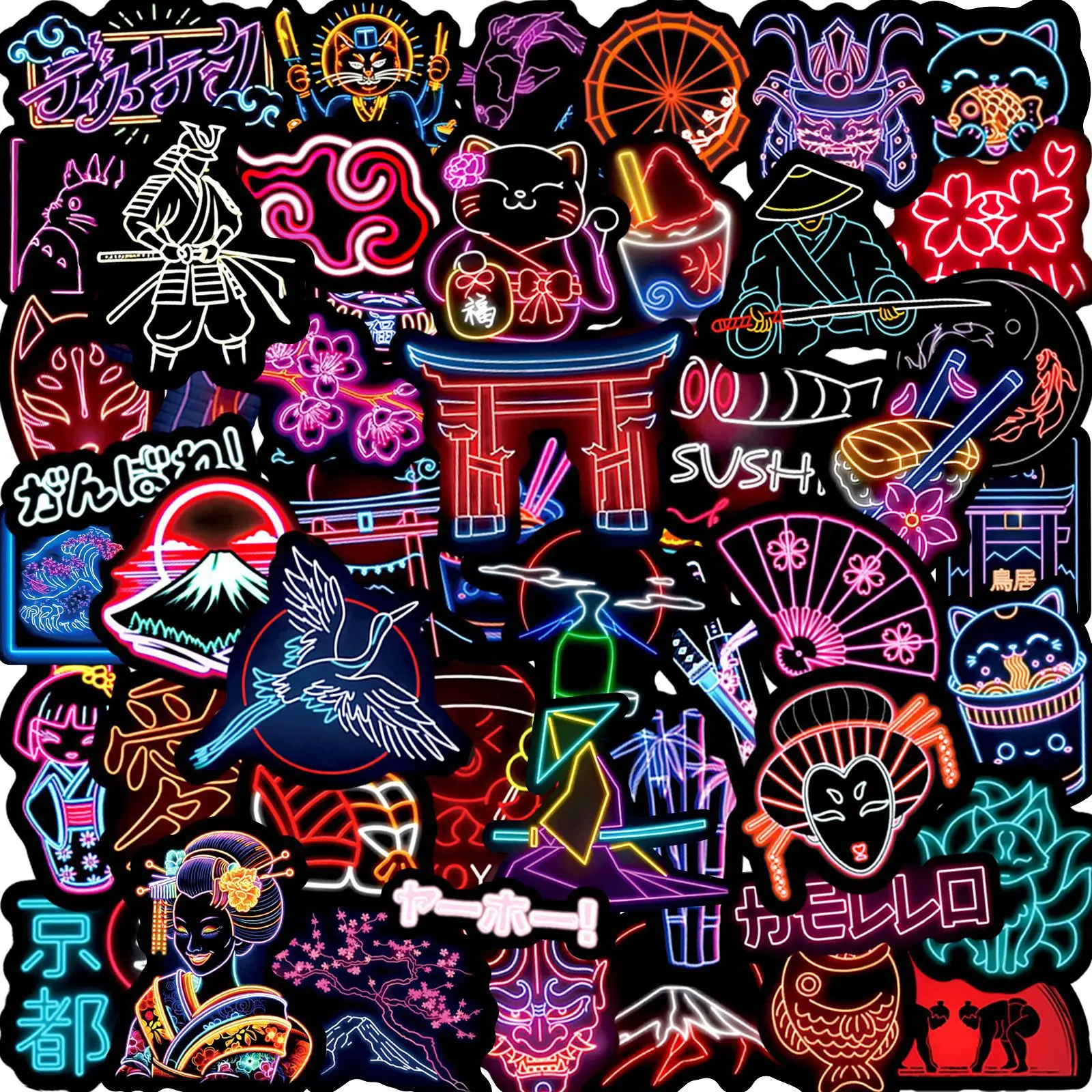 50 Stück japanische Kyoto Neon-Stil-Aufkleber, nicht leuchtend, niedliche Aufkleber, DIY, Reisekoffer, Telefon, Notizbuch, Gitarre, Graffiti, Kinderspielzeug