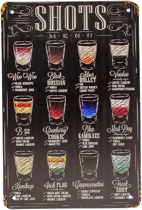 TG,LLC Treasure Gurus Metal 8x12 Retro Classic Alcohol Liquor Shots Menu Recipes Wall Sign Tin Home Bar Pub Art Decor sign