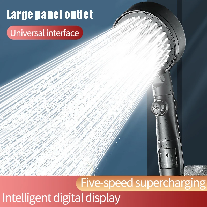 5-Mode Adjustable Temperature Digital LED Display Shower Head Turbocharged Rainfall Spray Nozzle with Stop Button Bathroom