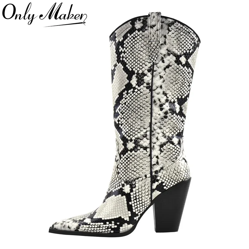 Onlymaker Women Pointed Toe  Zipper Winter  Mid-Calf Boots Fashion Mature Big Size Thick Heels snake Skin Print  Cowboy Boots