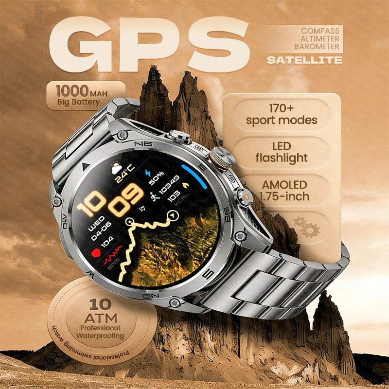 

Новые умные часы с GPS-позиционированием для мужчин, для активного отдыха, с аккумулятором 1000 мАч, фонариком, водонепроницаемостью 10ATM, функцией Bluetooth-звонков, спортивные, настраиваемые смарт-часы.