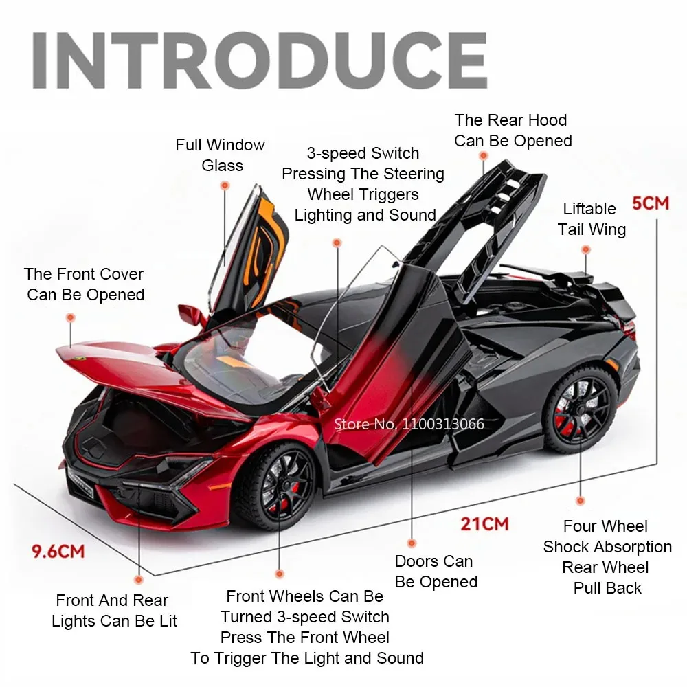 รถของเล่นจำลอง Lamborghini Revuelto ขนาด 1:24 ผลิตจากโลหะผสม พร้อมไฟและเสียง รถซูเปอร์คาร์ขนาดเล็กแบบดึงหลัง ของเล่นแบบอินเทอร์แอคทีฟ