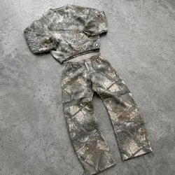 Streetwear Vintage Camouflage Two Piece Set Men Hip Hop Harajuku Zipper Hoodie Y2K Pullover Baggy Casual Tracksuit Wid Leg Pants