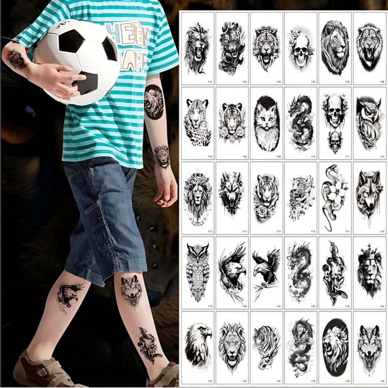 

30pcs/set Tattoo Fake Temporary for Men Navel Cool Leopard Tiger Lion Wolf Eagle Skeleton Long Lasting Tattoos tatuajes falsos