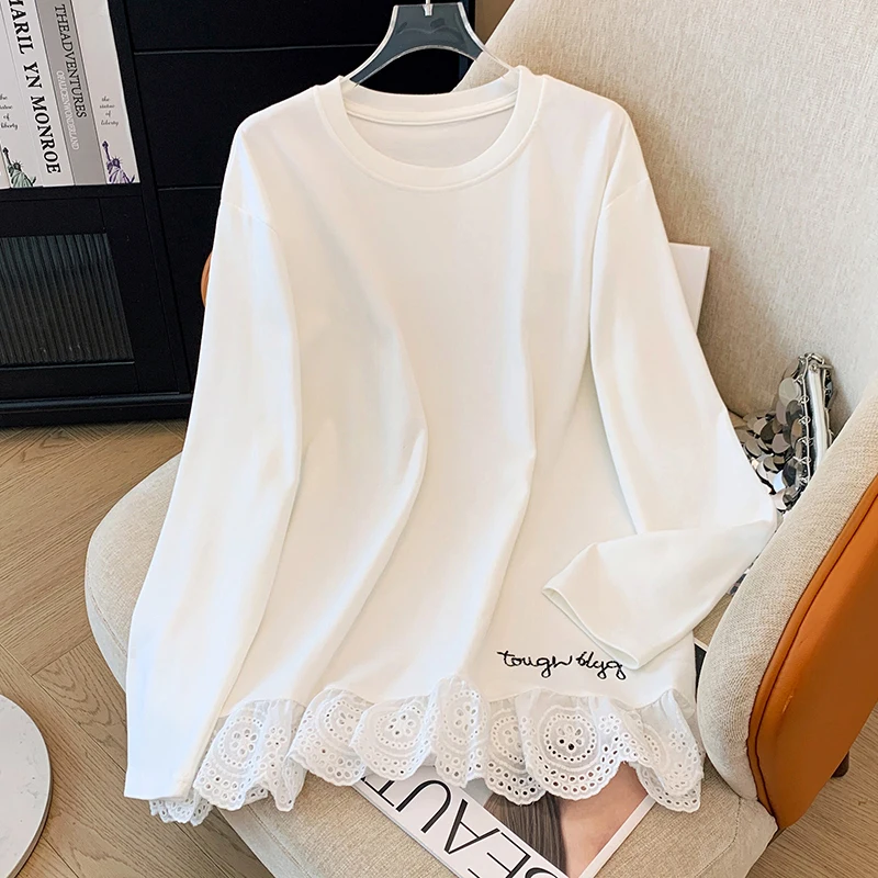 Women Basics Long Sleeves O neck Chic Lace Border Embroidered Floral Loose T shirts Top Autumn