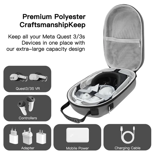 Imagen 2 del producto Estuche de transporte duro, bolsa de almacenamiento portátil resistente a caídas, bolsa de transporte de viaje para accesorios de controlador de auriculares Meta Quest 3/3S VR