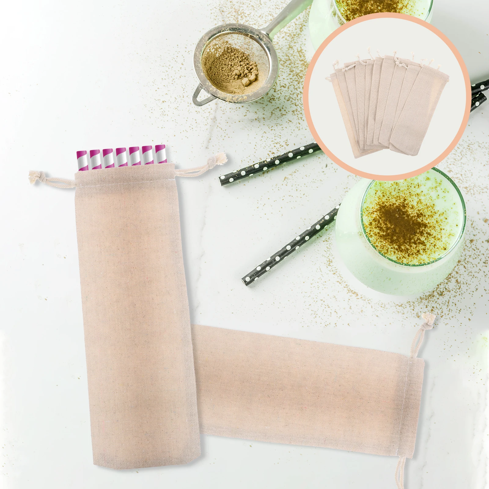 

10 Pcs Straw Storage Bag Cotton Linen Pouch Case Reusable Travel Foldable Lightweight Burlap For Forks Spoons Straw