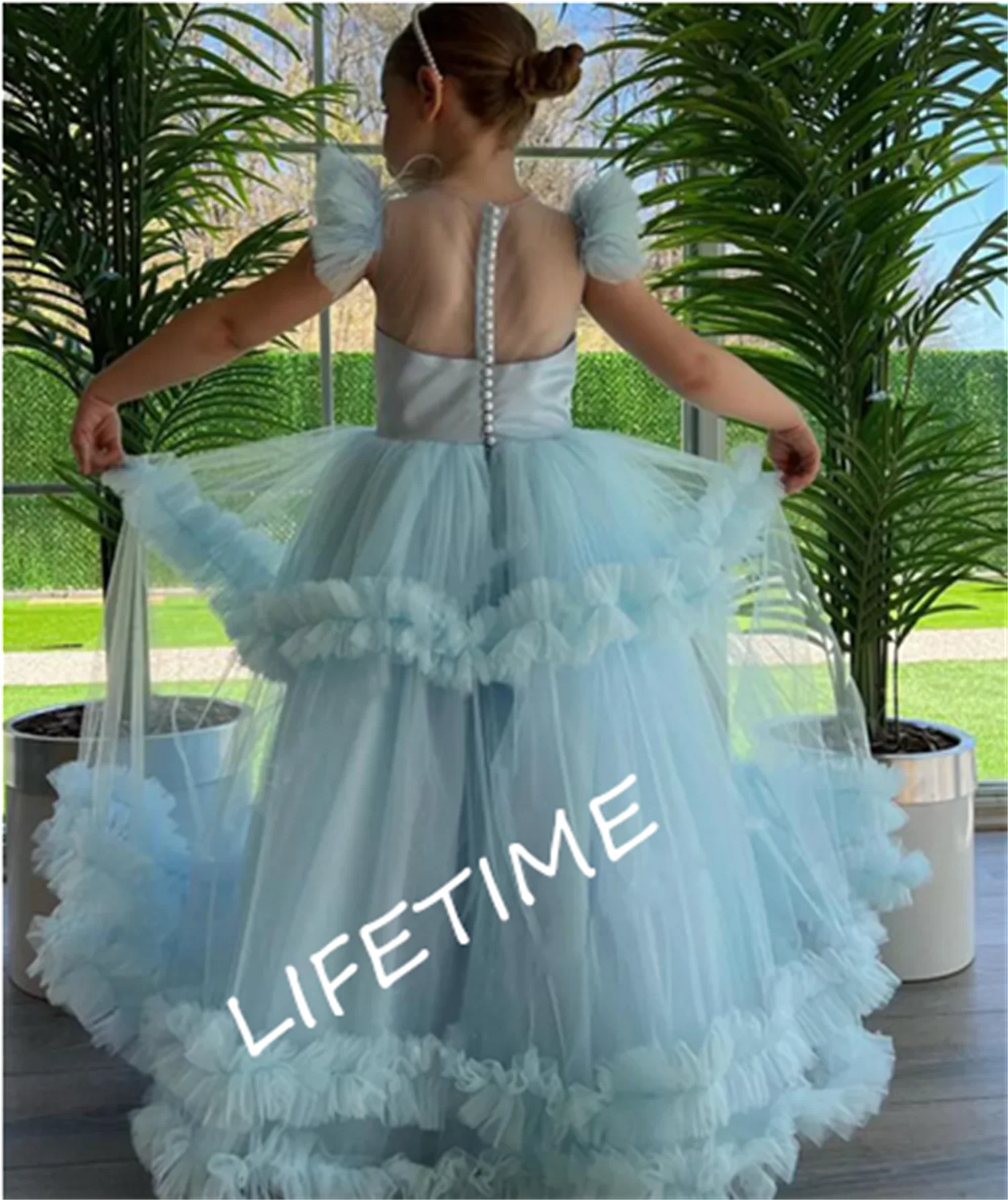 

Sky Blue A-line Flower Girl Dress for Wedding Sheer Neck Buttons Back Child Prom Pageant Gown First Communion Size 1-16T