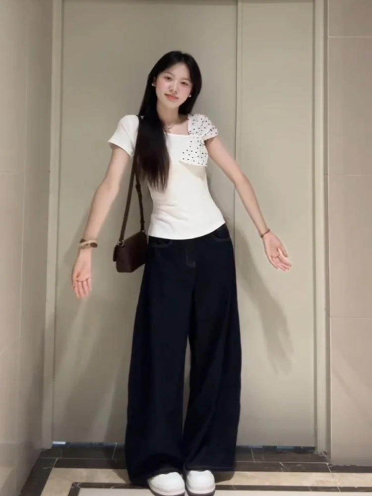 Koreanisches Sle Polka Dot Knot ort Sve Damen-T-Shirt, Sommer, schmale Passform, oulder Baring, einzigartiges kreatives Baumwoll-Top