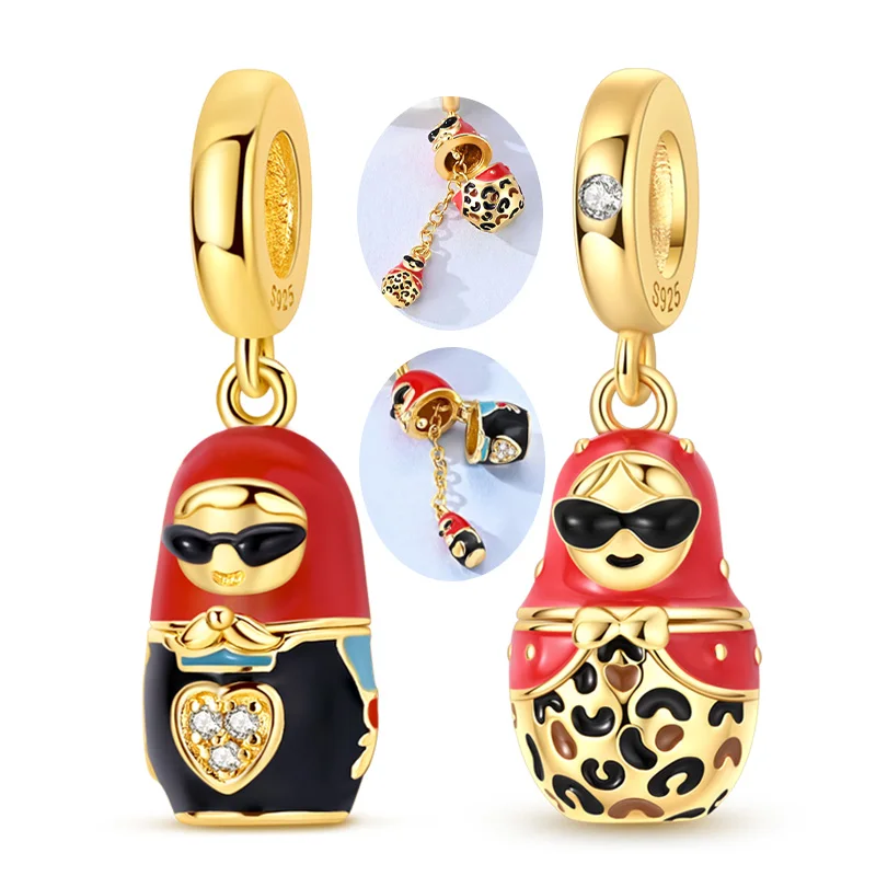 Original 925 Sterling Silver Charm Gold Openable Leopard Print Matryoshka Nesting Doll Pendant Beads Fit Bracelet Women Jewelry