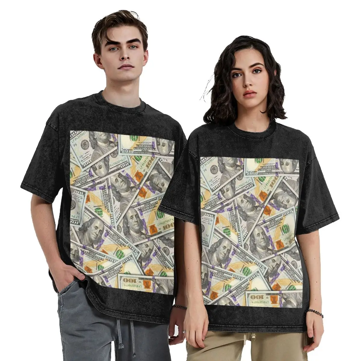 Giant Money Background 100 Dollar Bills Washed T Shirts Harajuku Short Sleeve Hip Hop T-Shirt Streetwear Tops Tees for Men Women