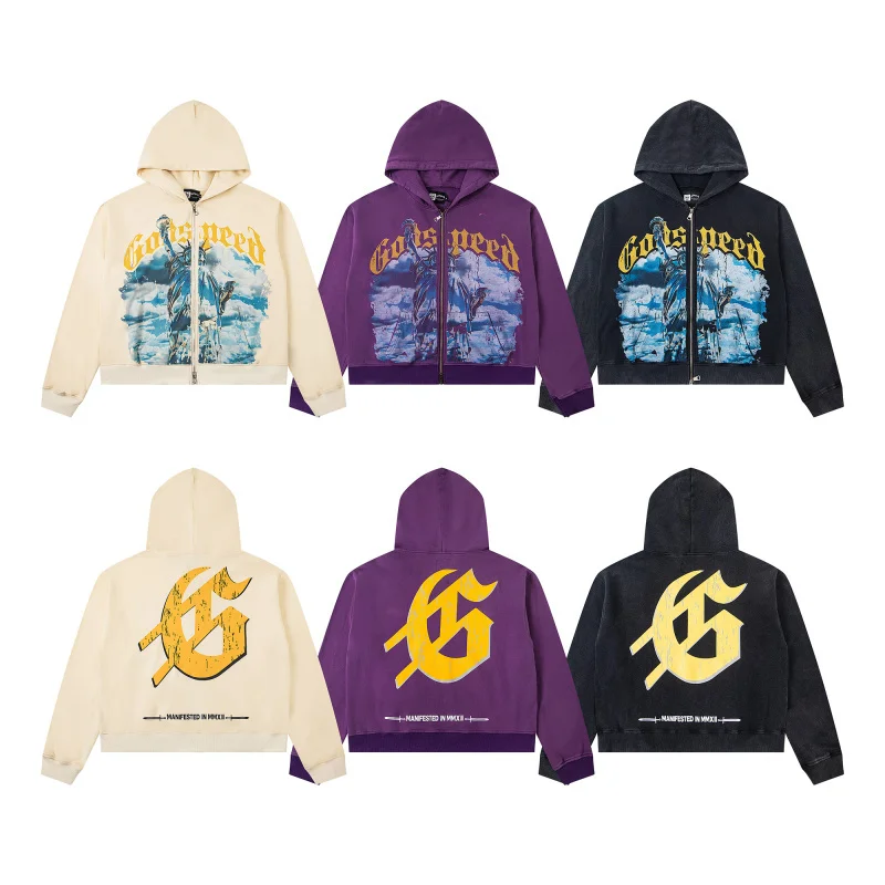 Godspeed الأمريكية شارع العليا خمر Waed الحرية تمثال فضفاض الثقيلة المفتوحة سترة هوديي Jaet عارضة القطن طويل Sve