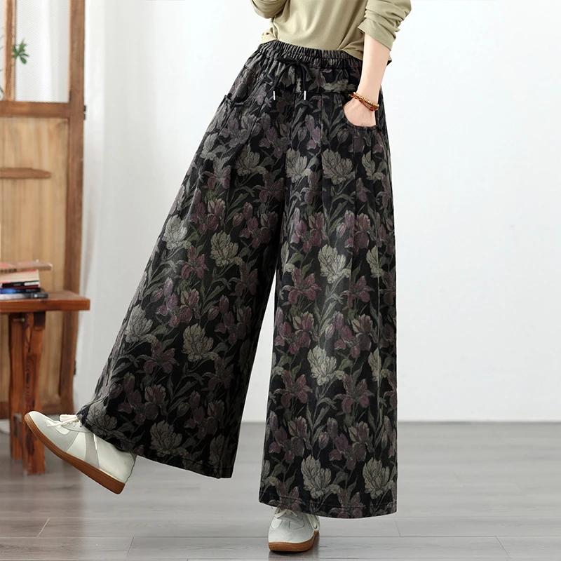 plus Size Denim Wide Leg Pants New Print Elastic Casual Versatile Straight Cut High Waist Long Black Jeans Cotton Polyester B...