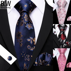 Barry.Wang Jacquard Flower Silk Men Tie Handkerchief Cufflinks Set Blue Green Pink Red Gold Necktie for Male Wedding Business