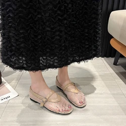 Spring New Flat Shoes Round Head Shallow Mouth Mesh Cloth Breathable Metal Buckle Soft Sole Non-slip Single Shoes