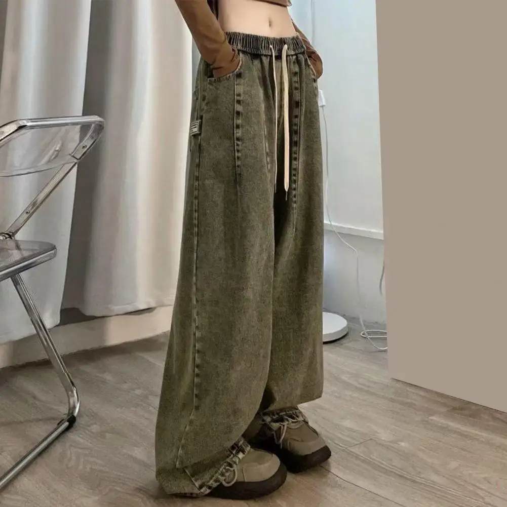 Elastic Waist Trousers Vintage Wide Leg Denim Jeans with Elastic Waist Crotch Pockets for Women Hop Streetwear Fashion Statement