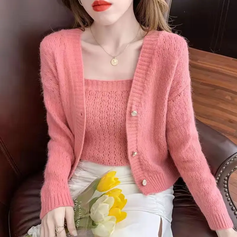 Women\'s Knitted Cardigan Jacket with Suspender Sweater Two-piece Set Korean Fashion Women Clothing Spring and Autumn Top Pink