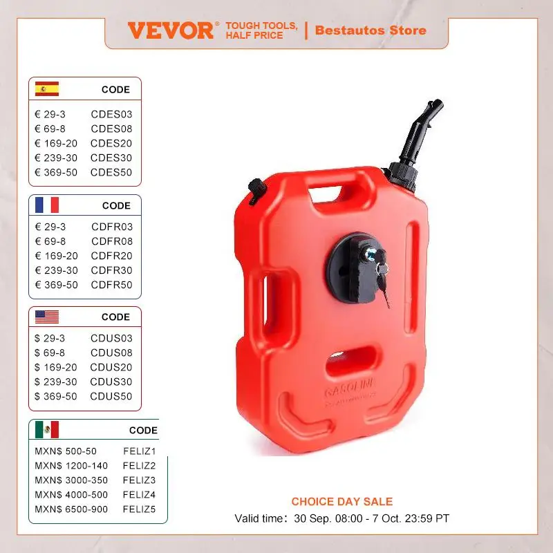 VEVOR 10L Red Fuel Tank Petrol Cans Barrels Can Gas Spare Container Anti-static Jerry Can Fuel Tank Pack Mororcycle Jerrycan ﻿