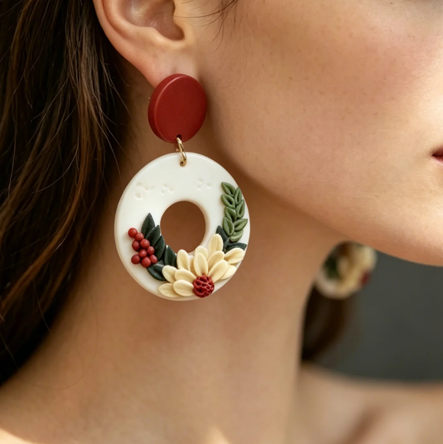 Handcrafted Floral Polymer Clay Earrings Wreath & Crescent Unique Artsy Flower Statement Dangles Lightweight Clay Art Jewelry