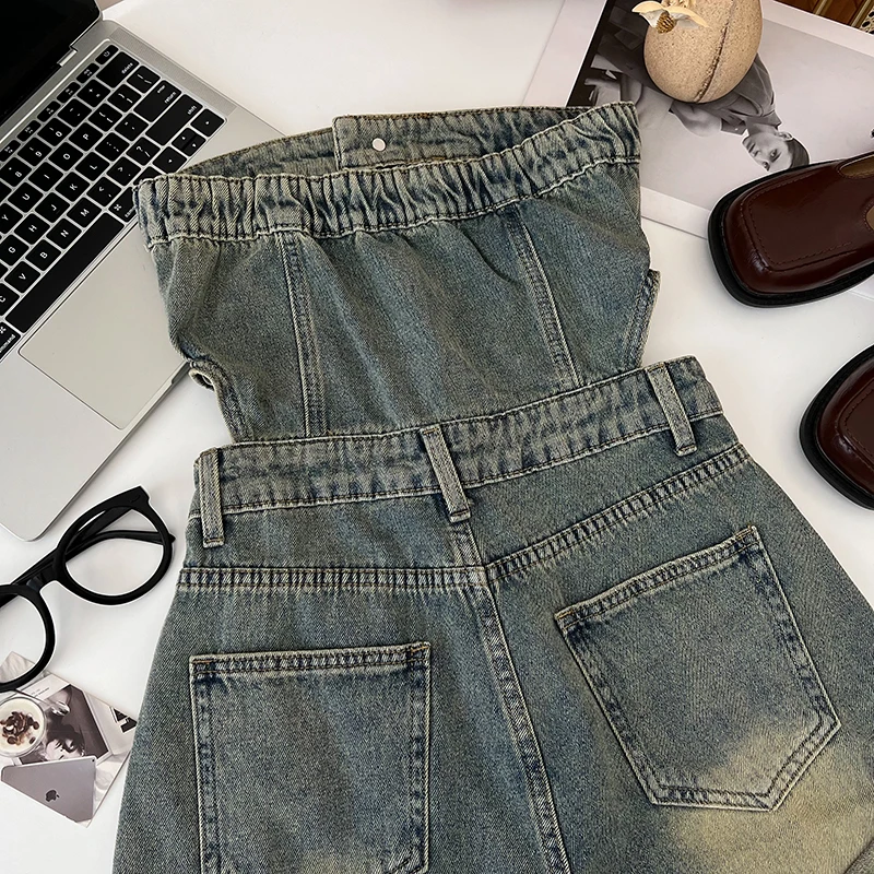 Denim Jumpsuit Wide Leg Shorts Women Fashion Versatile Single Breasted Hollowed Out Waist Strapless Rolled Edge Jumpsuit Shorts