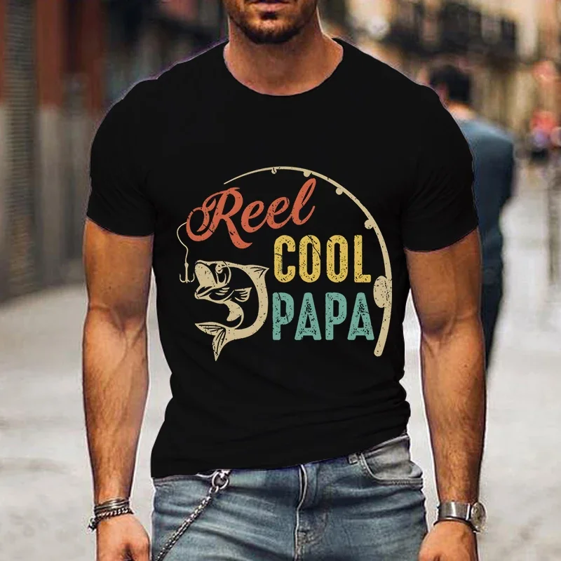 T Shirt for Men Reel Cool Papa Tshirt Summer Men Fishing Rod and Fish Pattern Round Neck Shirt Fashion Short Sleeve T-shirts