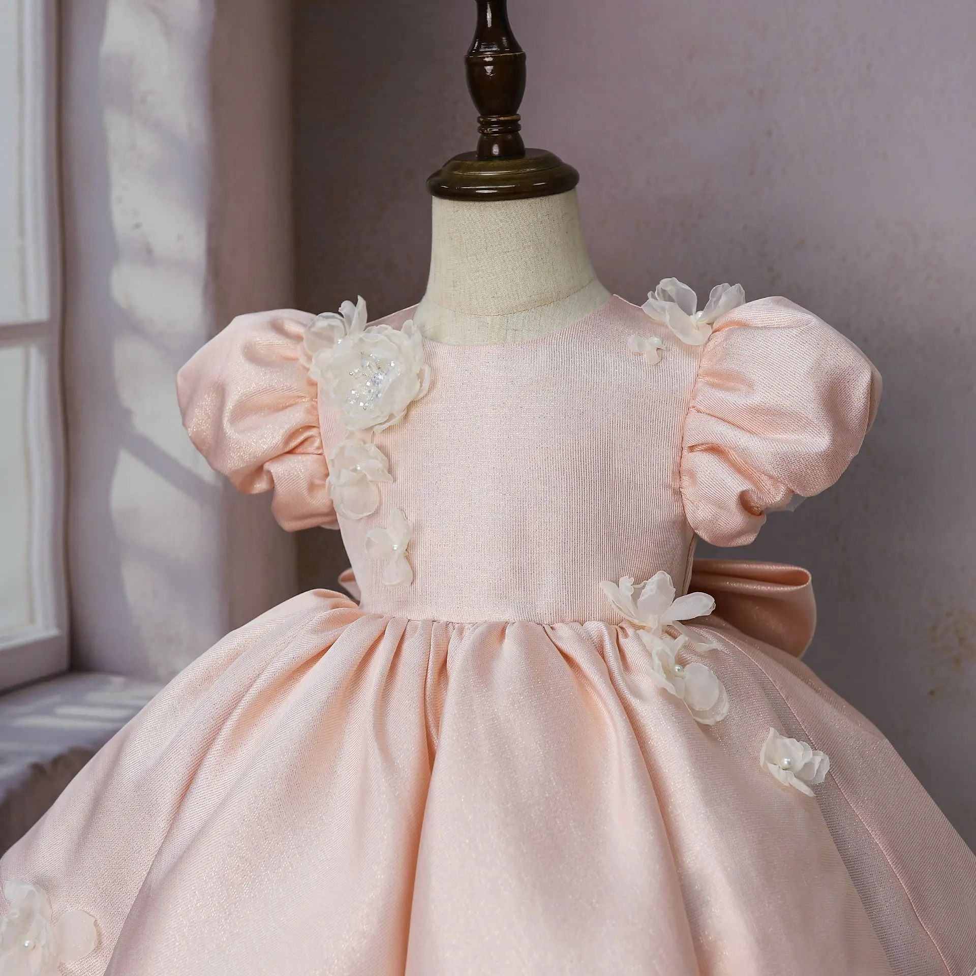 Lovely Girls Summer Flower Girl Dress Pink Satin Host Performance Outfit Toddler for Princess Bow Wedding Evening Ball Gowns