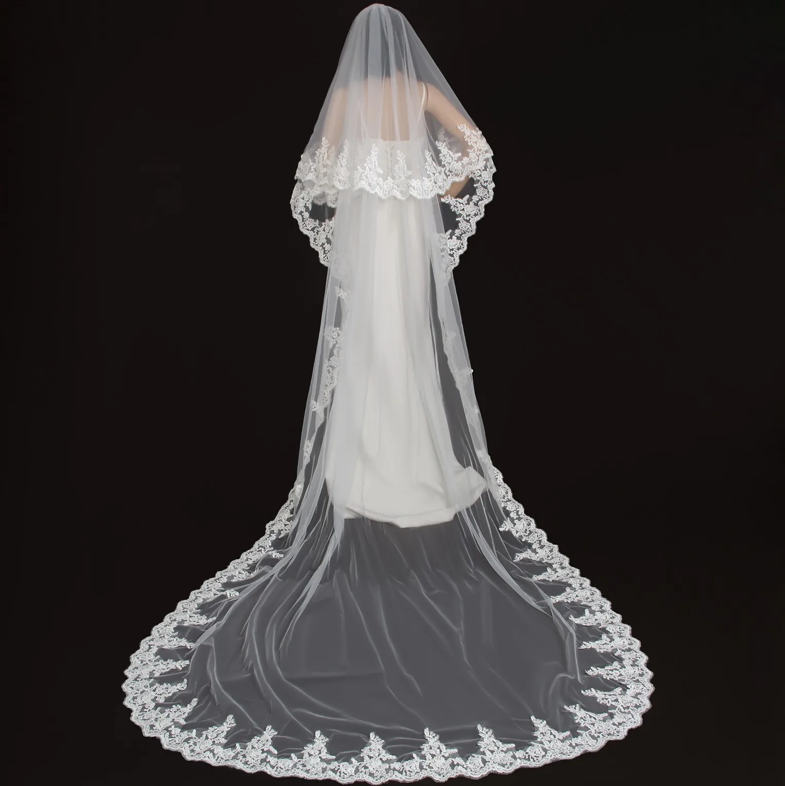 2 Tier Cathedral Length Wedding Veil Blusher Floral Embroidered Lace Edge Metal Comb Ivory White Church Ceremony Photo Shoot