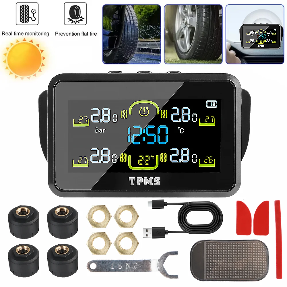 Car Tyre Pressure Monitor With 4 External Sensors Temperature Warning Fuel Save Tire Pressure Monitoring System Solar TPMS T14-1