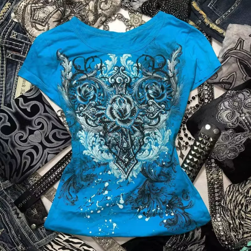 الألفية ثقافة فرعية Y2k القوطية الرجعية Harajuku الأزرق قصيرة الأكمام تي شيرت علوي الصيف شارع العليا موضة تنوعا تي شيرت #2