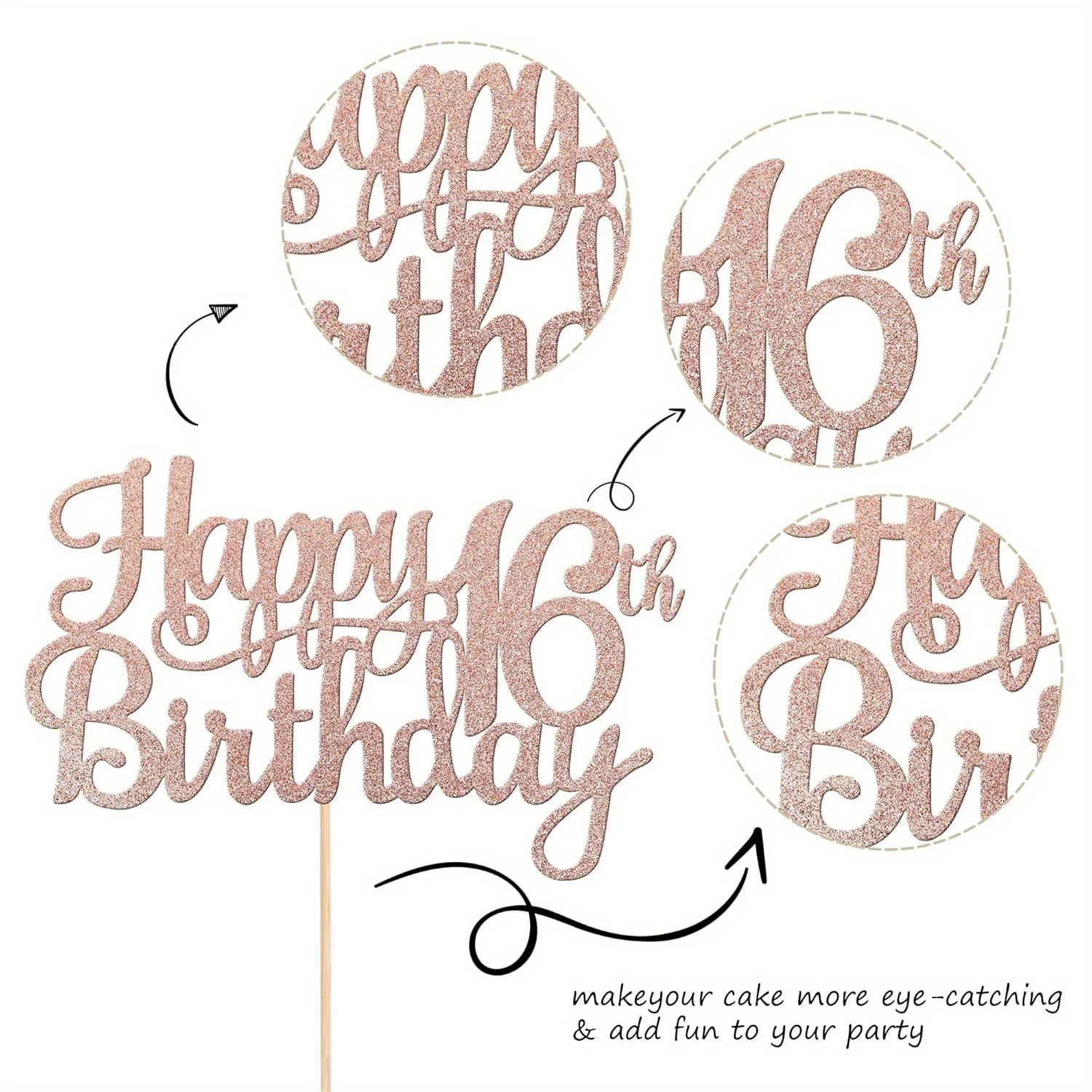 1 Stück Champagner-Glitzer-Tortenaufsatz zum 16. Geburtstag – Prost auf 16 Jahre Geburtstag – 16 Fantastische Tortendekoration – Detail 2