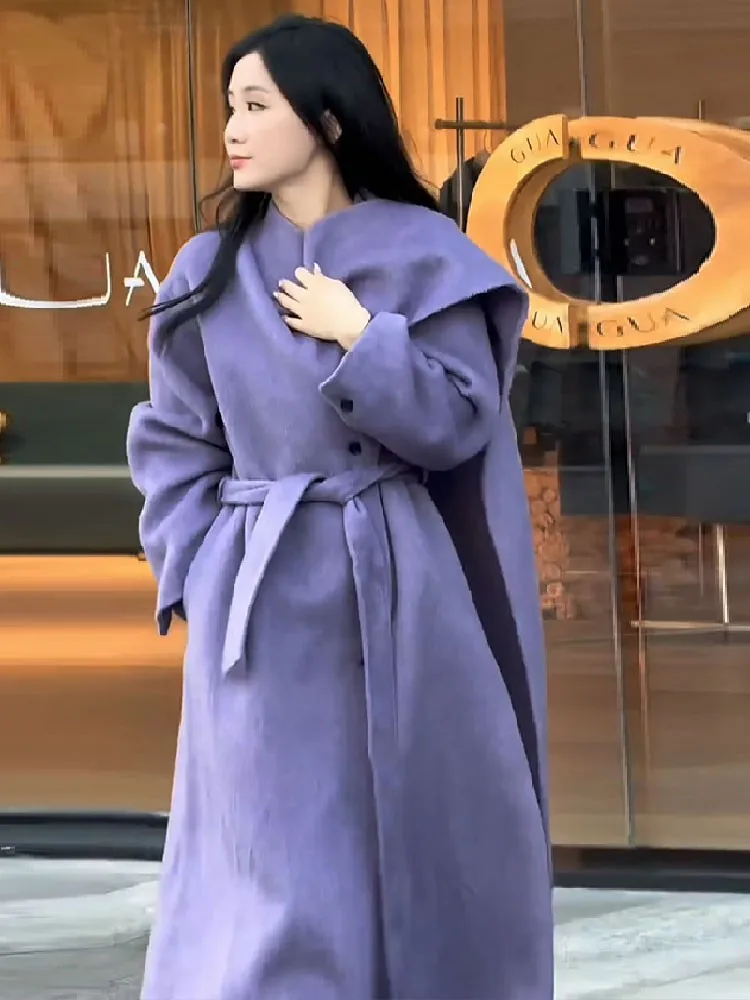 Herfst Winter Vrouwen Wollen Lange Jas Loose Fit Sjerpen Mode Mantel Kantoor Dames Elegante Stand Kraag Windbreakers Overjas