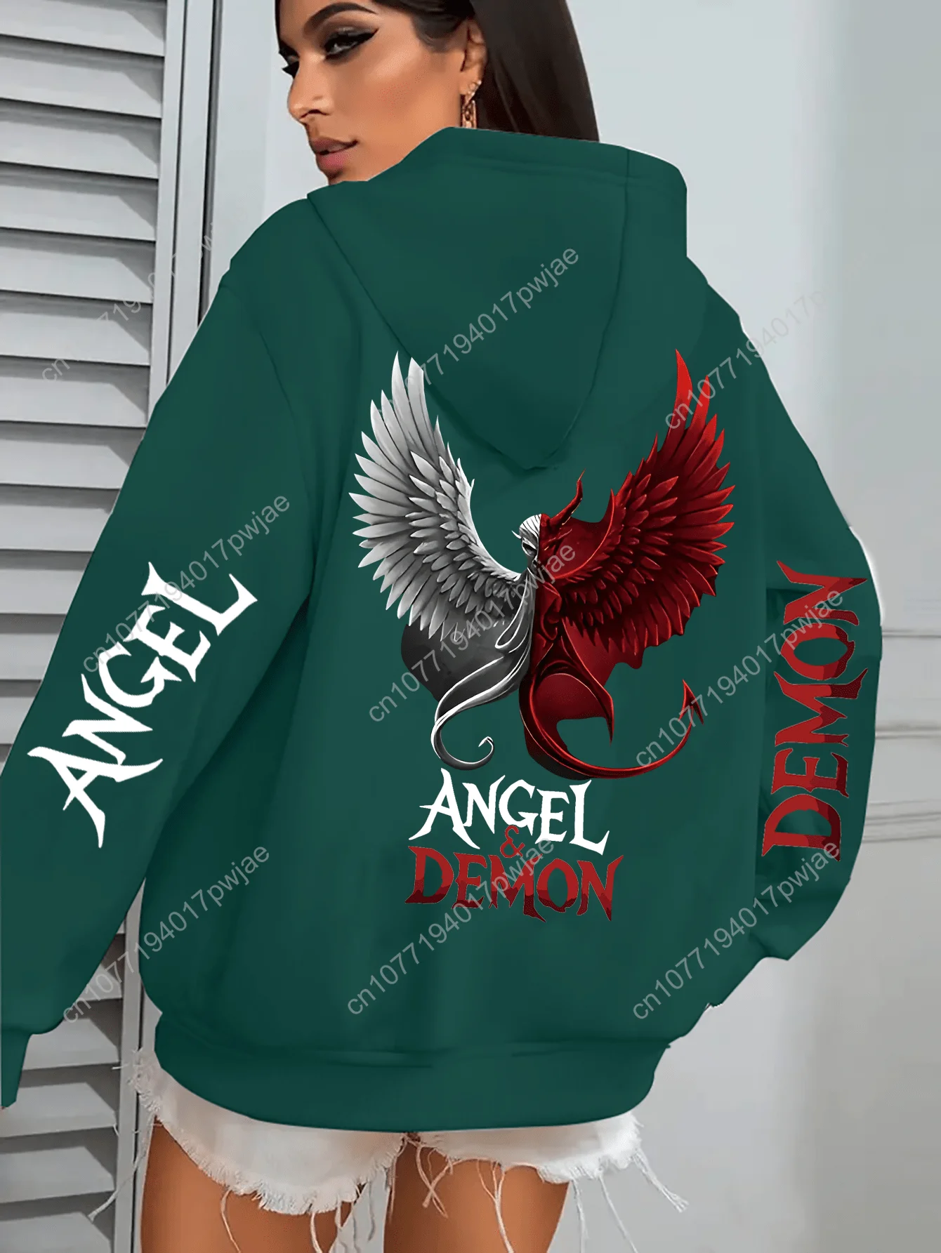 Sweater Berkerudung dengan Cetakan Malaikat dan Iblis |   Jaket Zip-up Modis dengan Kantong, Nyaman untuk Musim Gugur/Musim Dingin